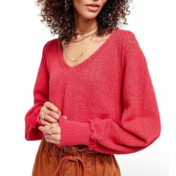 Free People Sweaters - Free People Red V-Neck Balloon Sleeve Pointelle Pullover Sweater Large